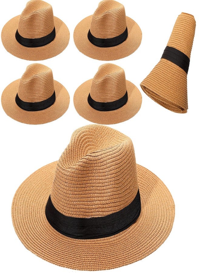 SEEWEY 6 Pcs Panama Straw Hats for Men and Women Foldable Wide Brim Bride Hats Summer Sun Protection for UV Protection(Light Coffee) - Image 1